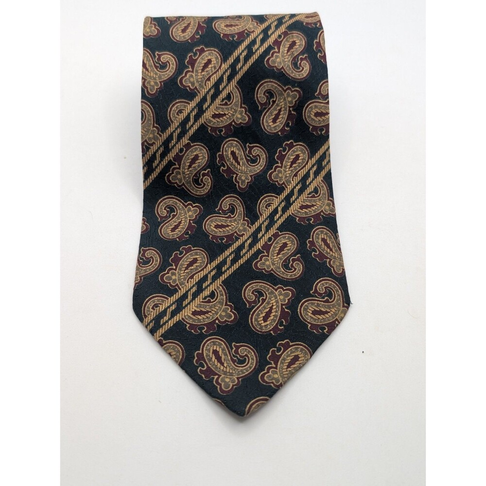 Giorgio Armani Silk Mens Tie Paisley Pattern Green Gold Red Striped Luxury Class